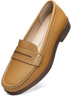 Women's Brown Pebbled Leather Penny Loafers Slip On Contrast Stitch Shoes Flats